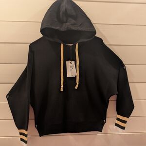 Black Hooded Sweater with Striped Cuffs